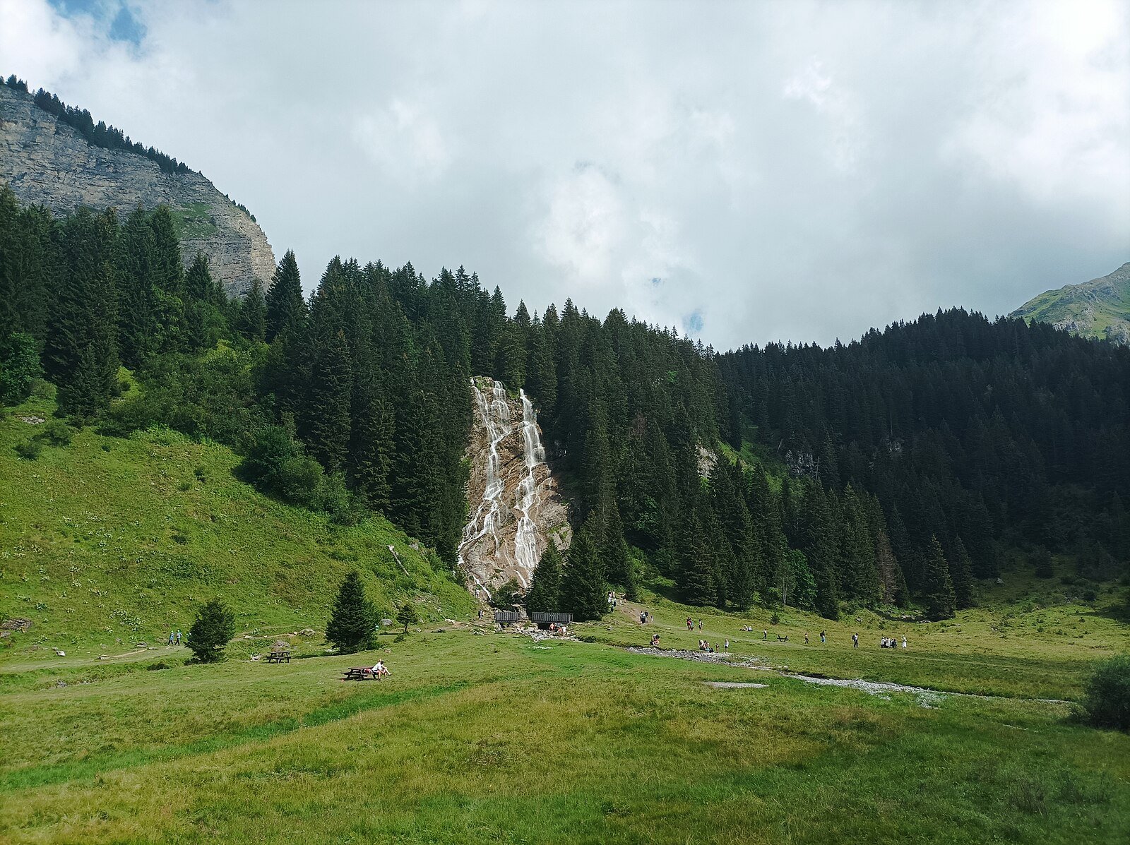 Cascade des Brochaux with its natural pool, hiking trail starting from Les Lindarets, Montriond, Haute-Savoie