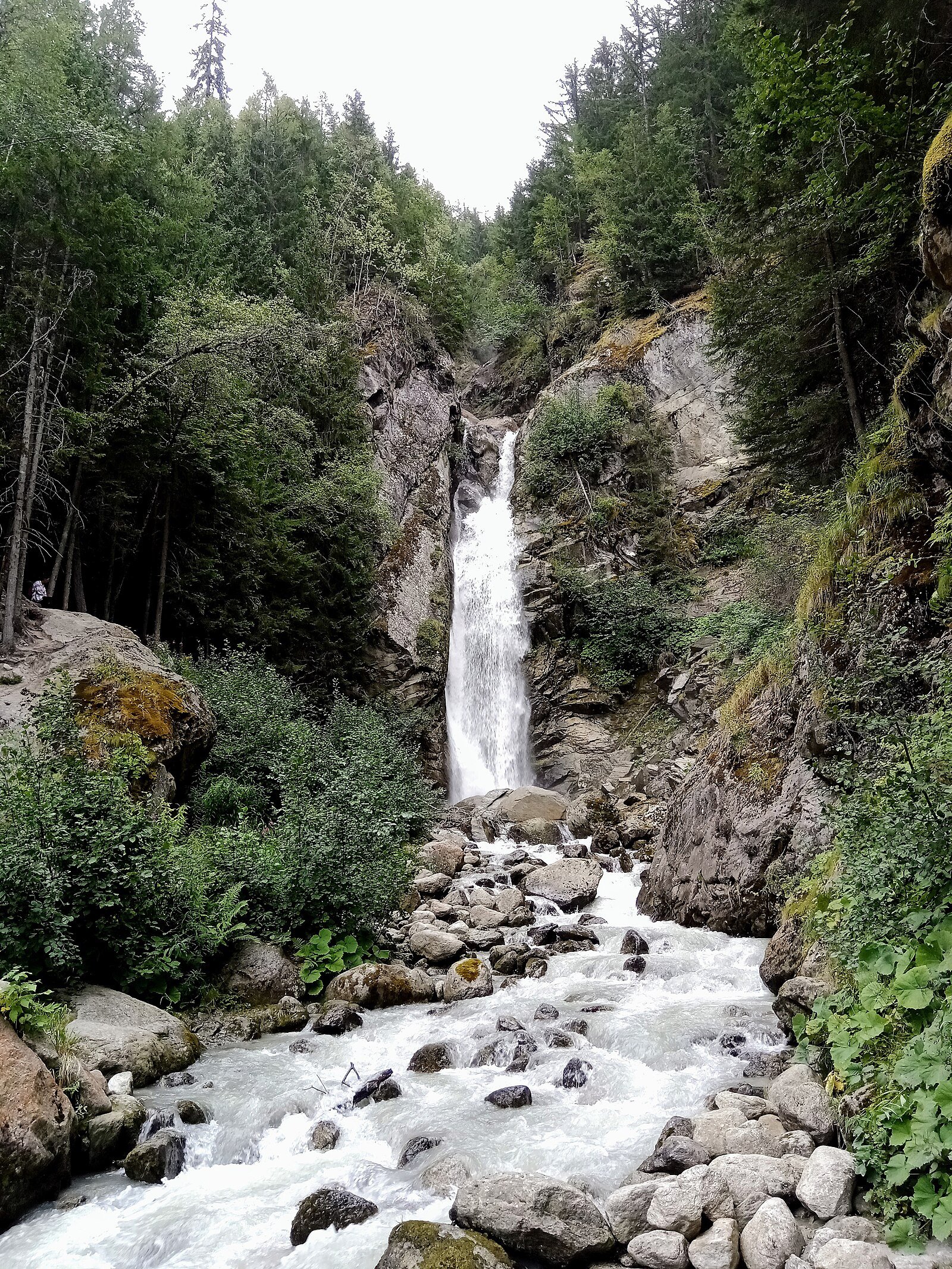 Cascade du Dard dévalant 20 mètres dans la forêt près de l'entrée du tunnel du Mont-Blanc, Chamonix-Mont-Blanc, Haute-Savoie