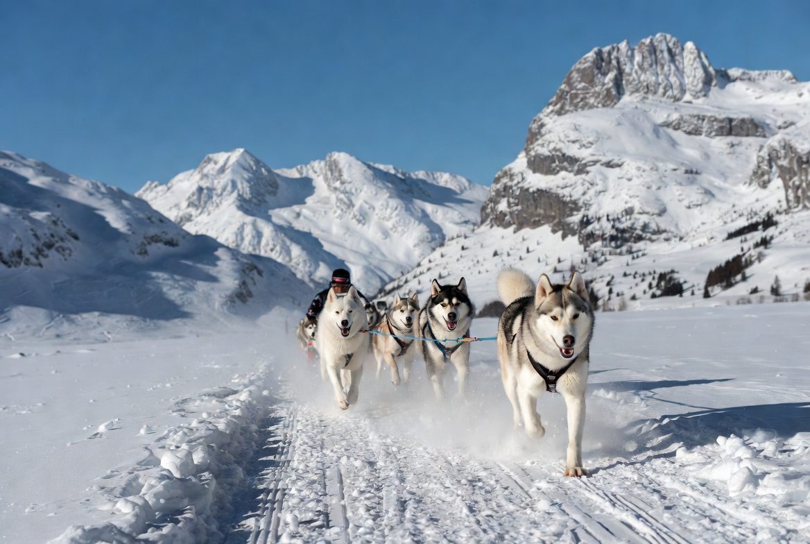 Husky-Gespann auf Schnee in Les Gets, La Patte Nordic, Haute-Savoie