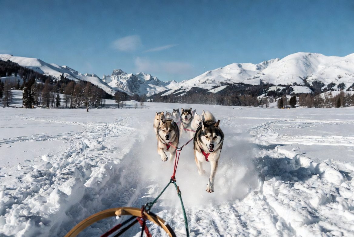 Noordse hondenspan op sneeuw bij Plaine-Joux, Les Granges de Heidi, Passy, Haute-Savoie