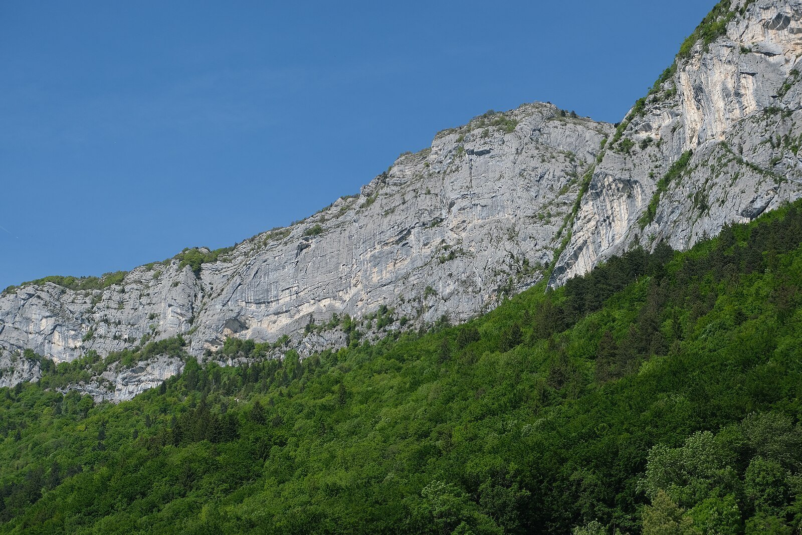 Panoramablick vom Gipfel des Mont Baron auf den Annecy-See und das Bauges-Massiv, Veyrier-du-Lac, Haute-Savoie