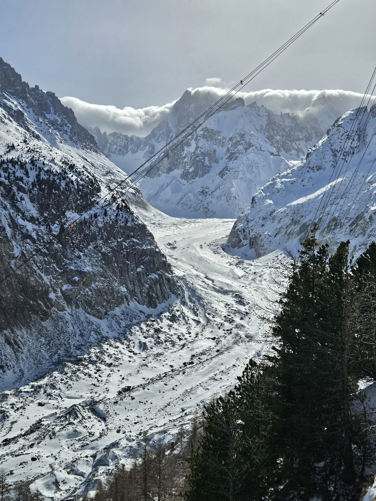 La Mer de Glace sous la neige vers les Grandes Jorasses