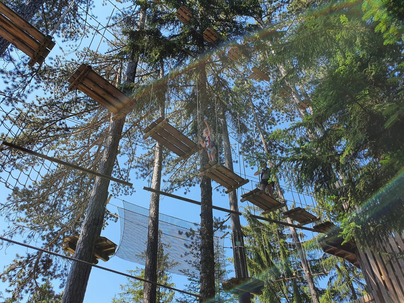 Ateliers suspendus dans les pins du parc Acro'Aventures Talloires, près du Col de la Forclaz