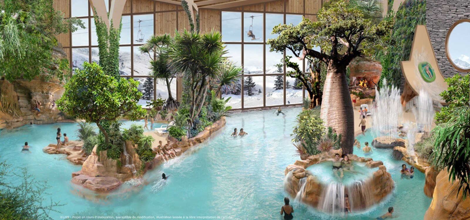 Pools and tropical vegetation at Aquariaz water centre in Avoriaz, Haute-Savoie